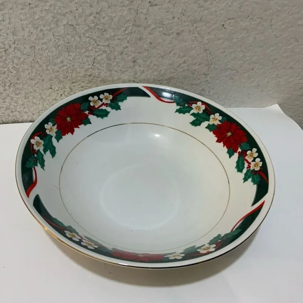 Tienshan “Deck the Halls” Poinsettia Christmas 1ea Serving Bowl 9.25” Fine China